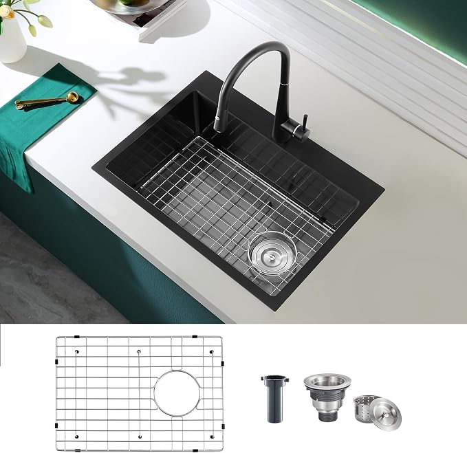 Black Topmount Kitchen Sink - 24”×18” Single Bowl Sink, Sink Grid | 9 Inch Deep Handmade Bar Sink with Strainer, Stainless Steel 304, Right Side Drain, X-Groove Drainage, Sound-Dampening Pad