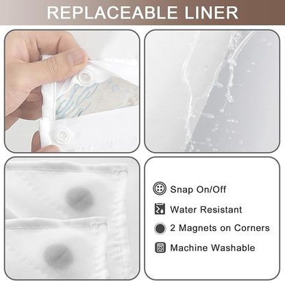No Hook Shower Curtain and Liner Set, Retro Brown Beach Coastal 71x84 | Nautical Ocean for Bathroom, with Snap in Liner Replacement, Mesh Top Window, Waterproof, Machine Washable, Quick-Drying