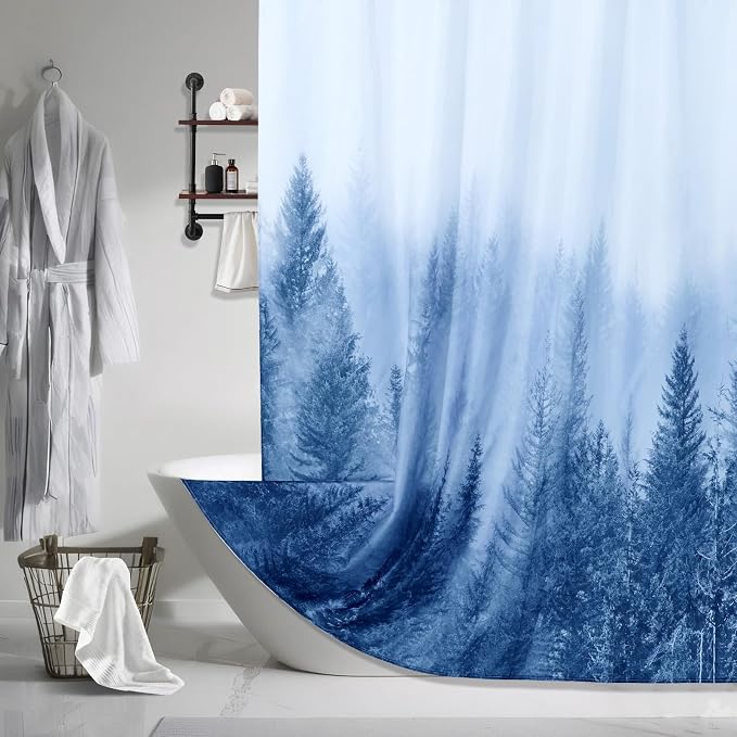 ORTIGIA Blue Shower Curtain for Bathroom, Misty Forest Nature Woodland Shower Curtain Set with Metal Hooks, Decorative Pine Tree Fog Magic Bath Curtain for Home, Waterproof Fabric, Weighted, 72x72