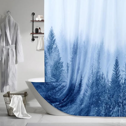 ORTIGIA Blue Shower Curtain for Bathroom, Misty Forest Nature Woodland Shower Curtain Set with Metal Hooks, Decorative Pine Tree Fog Magic Bath Curtain for Home, Waterproof Fabric, Weighted, 72x72