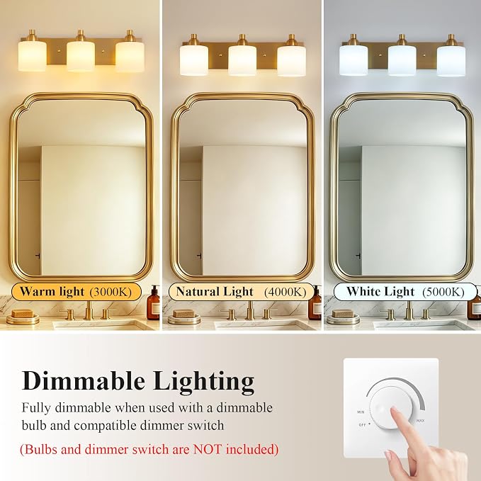 Mecgirn Stainless Steel Milk Glass Vanity Lights for Bathroom, 3 Light Brass Bathroom Light Fixtures Over Mirror, Ceramic E26 Sockets Wall Mounted