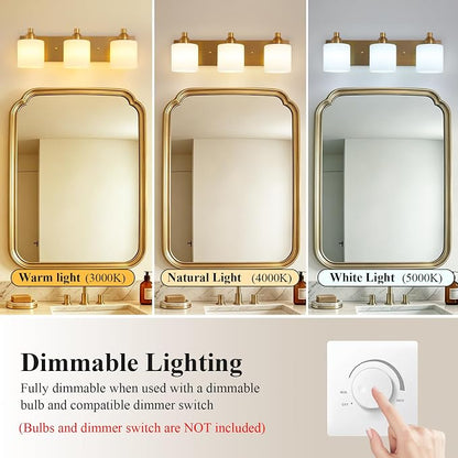 Mecgirn Stainless Steel Milk Glass Vanity Lights for Bathroom, 3 Light Brass Bathroom Light Fixtures Over Mirror, Ceramic E26 Sockets Wall Mounted