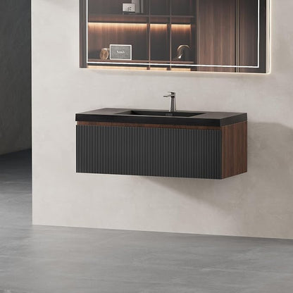 36 Inch Floating Bathroom Vanity with Sink, Modern Black Wall Mounted Floating Vanity with Scratch-Resistant Quartz Sand Basin, Soft Closing Drawers, Fully Pre Assembled Bathroom Vanity