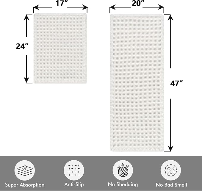 MIULEE Set of 2 Waffle Bathroom Rugs Boho Bath Mat White 17"x24"+20"x47" | Non Slip, Super Absorbent, Washable, Ultra Soft, Rubber Backed, Small Bath Rug and Bathroom Runner for Floor Tub Shower