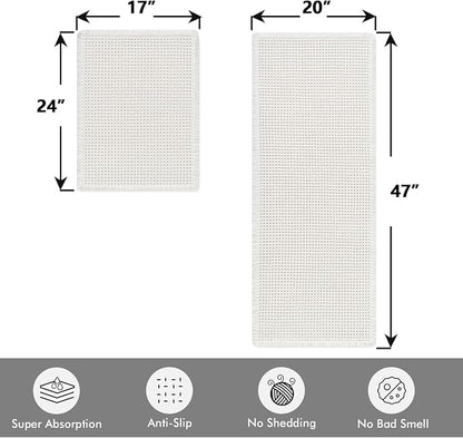 MIULEE Set of 2 Waffle Bathroom Rugs Boho Bath Mat White 17"x24"+20"x47" | Non Slip, Super Absorbent, Washable, Ultra Soft, Rubber Backed, Small Bath Rug and Bathroom Runner for Floor Tub Shower