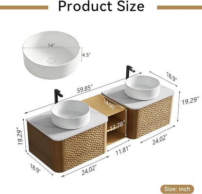 60 Inch Double Vanity with Sink Set, Floating Bathroom Sink Cabinet with Sintered Stone Top&Solid Wood Hammered Frame, Double Bathroom Vanities w/Soft-Close Drawers&1 Side Open Cube