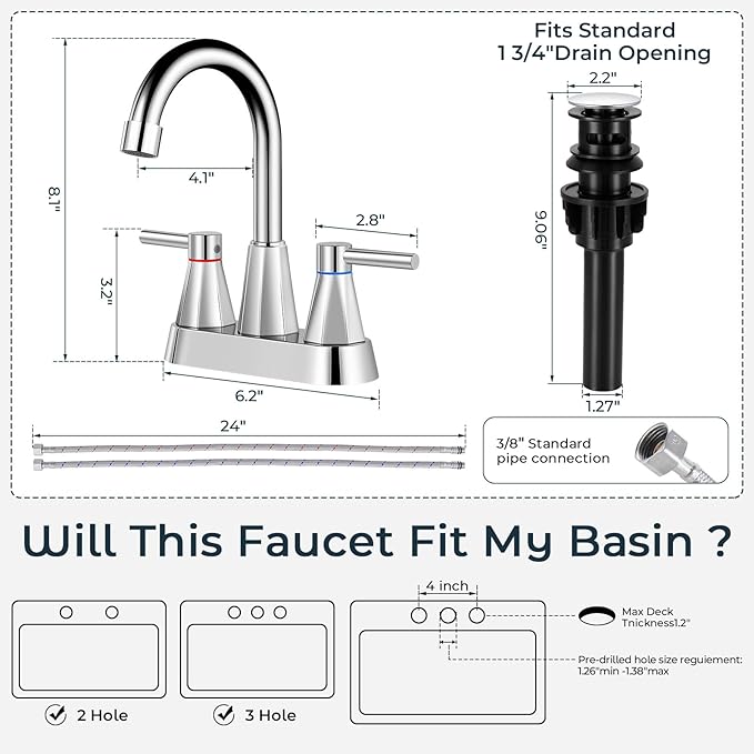 4 inches Bathroom Faucet for 3 Hole,2-Handle Bathroom Sink Faucets with Pop Up Drain (Chrome)