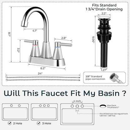 4 inches Bathroom Faucet for 3 Hole,2-Handle Bathroom Sink Faucets with Pop Up Drain (Chrome)