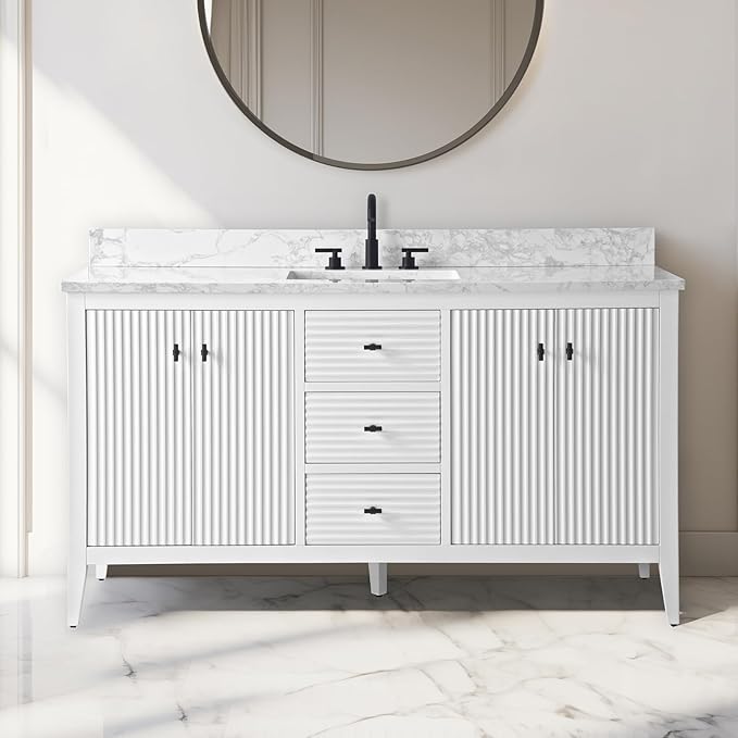 Vanity Art 60 inch Bathroom Vanity with Single Sink & Ceramic Top, Vanity Cabinet with Soft-Closing Door, Solid Wood Frame, Linear Pattern, White, VA9160-SW-MB,Matte Black Handles