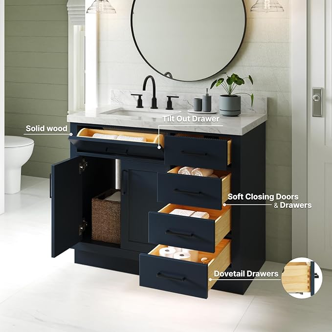 ARIEL Hepburn 42-inch Bathroom Vanity Base Cabinet,Solid Wood, 2 Soft Closing Doors, 5 Dovetail Drawers, Midnight Blue
