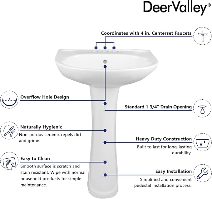 DeerValley Ally 20x17 Inch U-Shape White Ceramic Pedestal Sink, 3-Hole Faucet Configuration with Overflow, DV-1P52503
