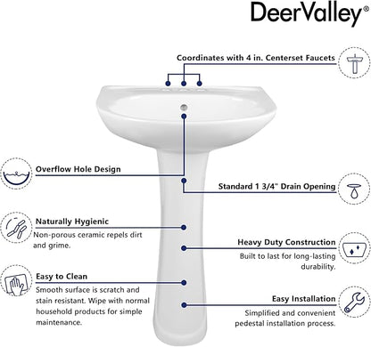 DeerValley Ally 20x17 Inch U-Shape White Ceramic Pedestal Sink, 3-Hole Faucet Configuration with Overflow, DV-1P52503