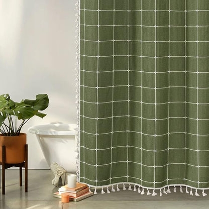 Long Boho Farmhouse Shower Curtain for Bathroom 72x78 | Long French Country Plaid Tassel Shower Curtain, Rustic Aesthetic Bathroom Decor Windows Curtain, Green