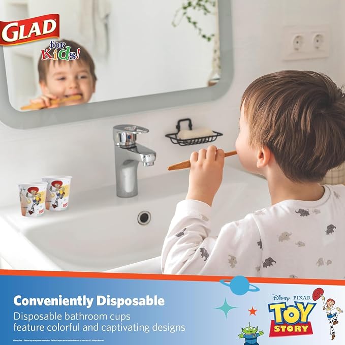 Glad for Kids Disney Pixar Toy Story Mini Paper Cups, 3 Oz, 24 Count, 12-Pk | Soak-proof bathroom rinse cups sized for little hands; colorful Toy Story characters