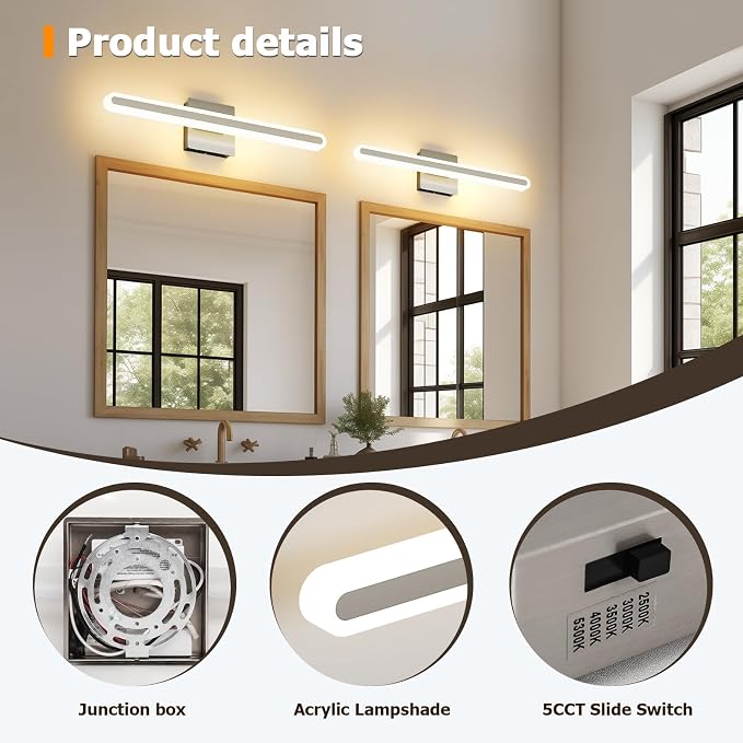 Brushed Nickel Vanity Lights for Bathroom, 5CCT Dimmable Vanity Light Bar | Above Mirror Makeup Mirror Light, Modern Bathroom Lighting Fixtures 23.6 inch 20W