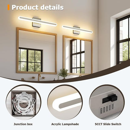 Brushed Nickel Vanity Lights for Bathroom, 5CCT Dimmable Vanity Light Bar | Above Mirror Makeup Mirror Light, Modern Bathroom Lighting Fixtures 23.6 inch 20W