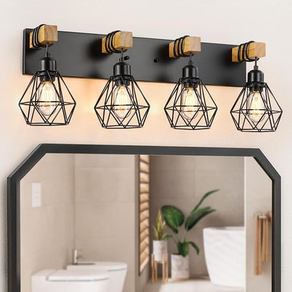 maesta 4 Light Bathroom Vanity Light, Farmhouse Black Fixture Over Mirror | Farmhouse Bathroom Light Fixtures, Wood & Metal, Anti-Rust Easy to Install for Rustic Bathroom Hallway