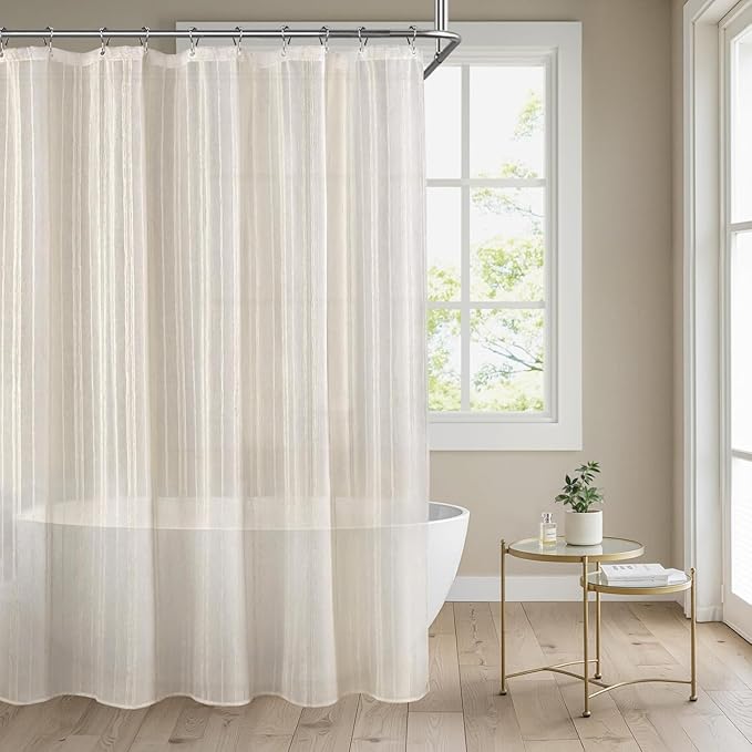 Linen Shower Curtain Cream, Sheer Fabric Boho Farmhouse Shower Curtains for Bathroom Cotton Natural Cloth Liner Set 72" W x 78" L