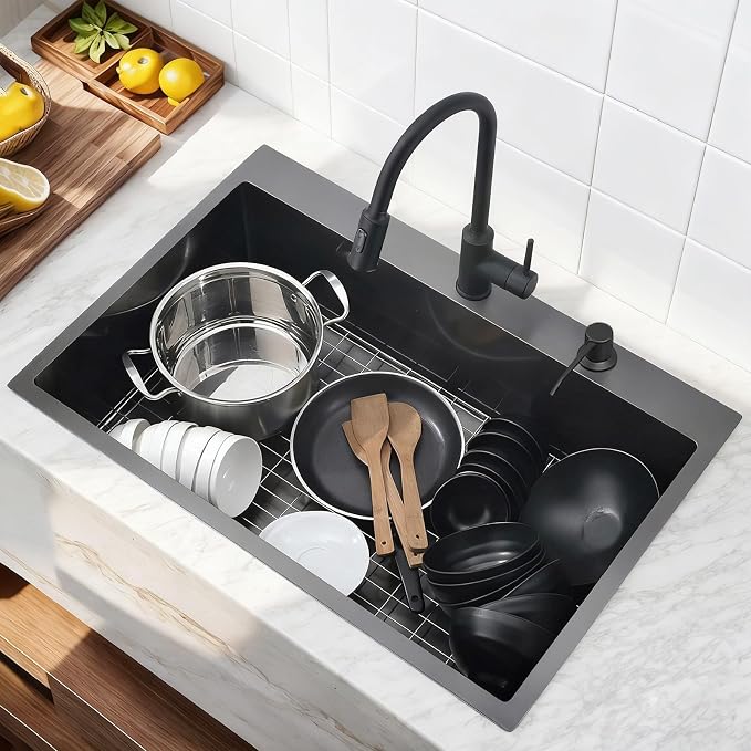 33x22 Inch Black Drop In Kitchen Sink - VAPSINT 33 Inch Top Mount Single Bowl 9 Inch Deep Handmade Workstation Sink in Gunmetal Stainless Steel with Cutting Board & Strainer