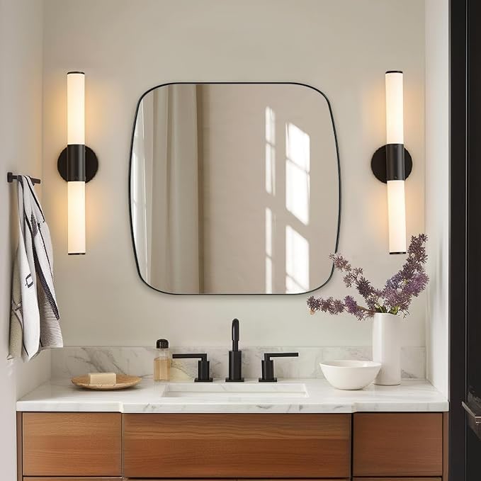 24x24 Black Bathroom Mirror, Oblong Vanity Mirror with Stainless Steel Metal Frame, Matte Black Mirror for Over Sink, Modern Anti Rust Wall Mounted