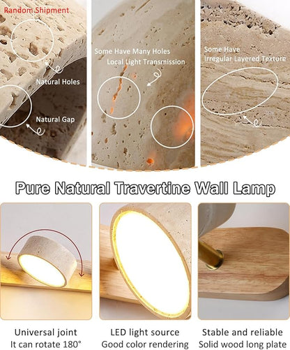 Natural Wood Vanity Light, 27.6 Inches Wabi Sabi Travertine Wall Sconce with 360° Rotatable Natural Stone Lampshade and Wooden Base Nordic Style Farmhouse Vanity Lights for Bathroom (4 Lights)