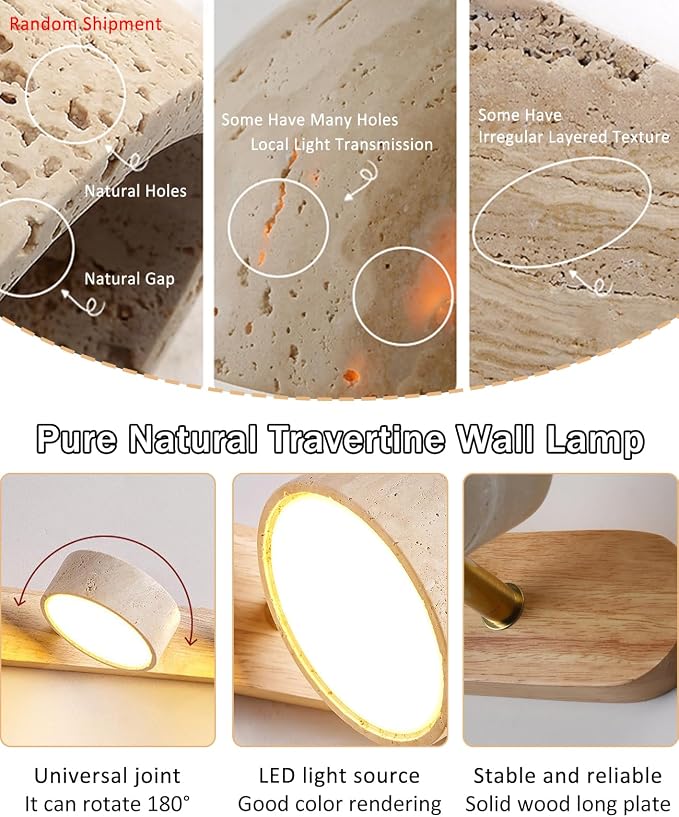 Natural Wood Vanity Light, 19.7 Inches Nordic Style Farmhouse Vanity Lights for Bathroom Wabi Sabi Travertine Wall Sconce with 360° Rotatable Natural Stone Lampshade and Wooden Base (3 Lights)