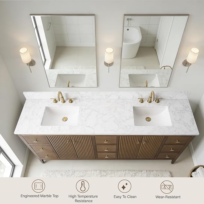 Vanity Art 84 inch Bathroom Vanity with Double Sink & Ceramic Top, Vanity Cabinet with Soft-Closing Door, Solid Wood Frame, Linear Pattern, Walnut, Golden Brushed Handware,Walnut