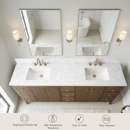 Vanity Art 84 inch Bathroom Vanity with Double Sink & Ceramic Top, Vanity Cabinet with Soft-Closing Door, Solid Wood Frame, Linear Pattern, Walnut, Golden Brushed Handware,Walnut