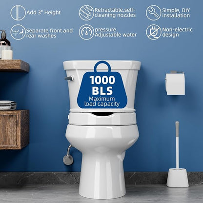 Elevated Bidet Toilet seat 3 inch, Elongated Toilet seat risers for Seniors, Non-Electric Bidet Mode with Dual Nozzles, Fit Elongated Toilet Seat, Adjustable Water Pressure with Brass inlet (18.5”)