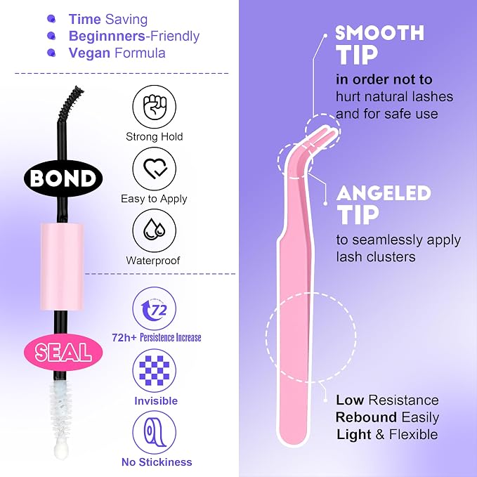 Lash Clusters Kit 40D Individual Lashes Extension Kit DIY 280pcs 9-16mm Cluster Eyelash Extension Kit with Lash Bond and Seal, Lash Tweezers for Self Use (40D, 0.07D, 9-16mm, Kit)