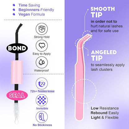 Lash Clusters Kit 40D Individual Lashes Extension Kit DIY 280pcs 9-16mm Cluster Eyelash Extension Kit with Lash Bond and Seal, Lash Tweezers for Self Use (40D, 0.07D, 9-16mm, Kit)