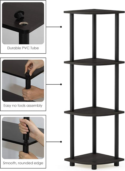 Furinno TURN-N-TUBE Corner Shelf, 4-Tier Corner Bookshelf, Display Storage Shelves with Open Shelves, for Organization and Storage, Living Room, Home Office, Garage, Espresso
