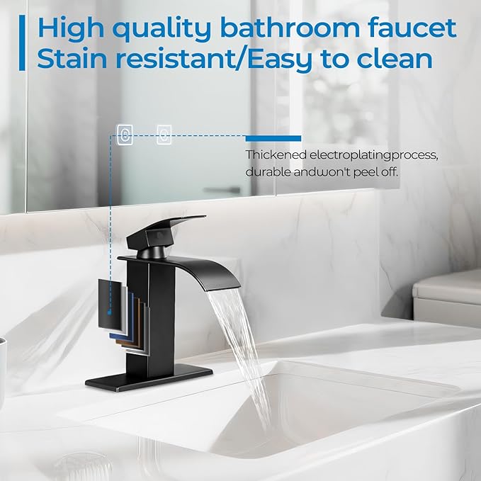 2 Pack Black Bathroom Faucets, Waterfall Bathroom Sink Faucet Modern Single Handle Bathroom Faucte 1 or 3 Hole, RV Mixer Tap Vanity Faucet - Includes Pop-up Drain Supply Hoses Deck Plate