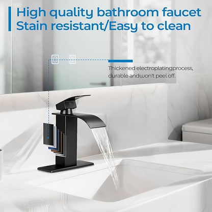 2 Pack Black Bathroom Faucets, Waterfall Bathroom Sink Faucet Modern Single Handle Bathroom Faucte 1 or 3 Hole, RV Mixer Tap Vanity Faucet - Includes Pop-up Drain Supply Hoses Deck Plate