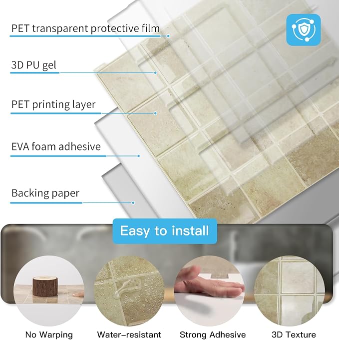 Art3d 10-Pack Heavy-Duty Peel and Stick Backsplash, 12x12 Inch Self-Adhesive Wall Tile Stick on Kitchen Countertop, Khaki