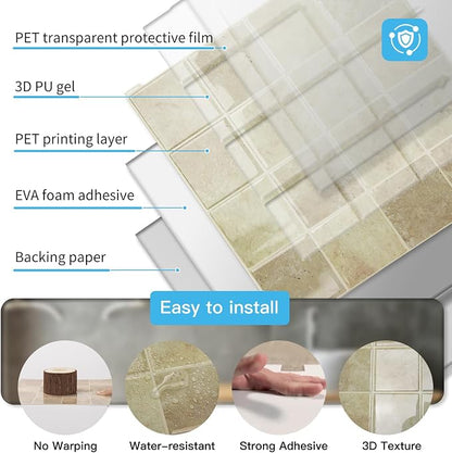Art3d 10-Pack Heavy-Duty Peel and Stick Backsplash, 12x12 Inch Self-Adhesive Wall Tile Stick on Kitchen Countertop, Khaki