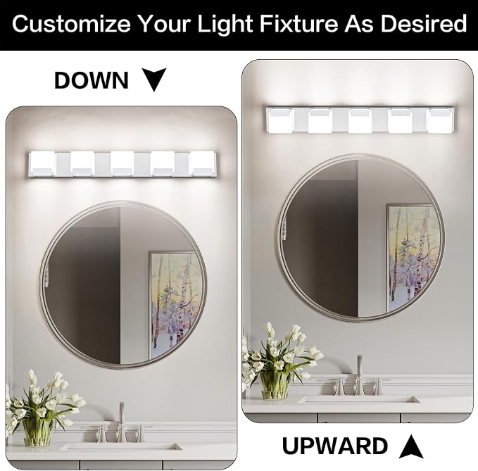 5 Light Bathroom Vanity Light - LED Chrome Vantiy Lights for Bathroom - Modern Bath Room Light Fixture 6000K Cool Whtie