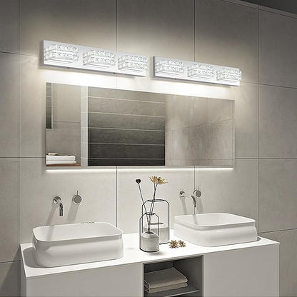 OKELI Bathroom Crystal Vanity Light Fixtures, Modern LED Vanity Light for Bathroom, 3 Lights Crystal Mirror Front Lamp, 6000K Cool White, 18W, Dia 22 Inch ETL Listed