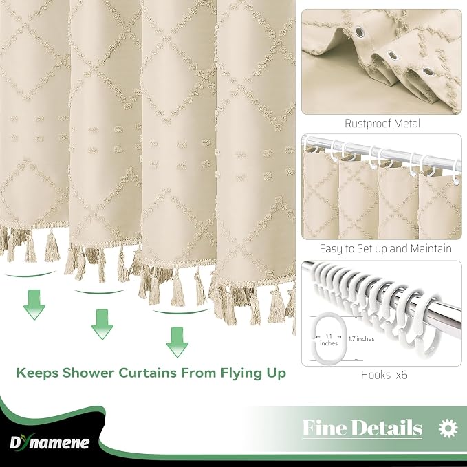 Stall Boho Farmhouse Shower Curtain Tufted Geometric 36"x72" Beige | Narrow Half Size, Elegant Tassel, Lightweight Textured Fabric, Water Repellent, Washable, for Small Bathroom/Dorm 6 Hooks