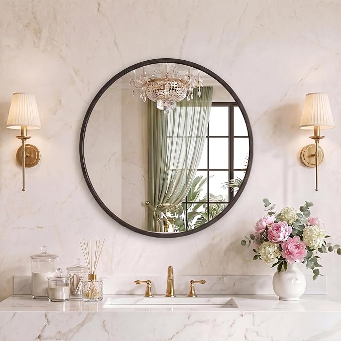 Sweetcrispy 24 Inch Round Wall Mirror, Bathroom Mirrors for Over Sink | Matte Metal Framed, Wall Decor for Bedroom, Entryway, Anti-Rust, Tempered Glass, Hanging or Leaning, Black