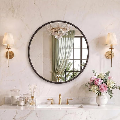 Sweetcrispy 24 Inch Round Wall Mirror, Bathroom Mirrors for Over Sink | Matte Metal Framed, Wall Decor for Bedroom, Entryway, Anti-Rust, Tempered Glass, Hanging or Leaning, Black