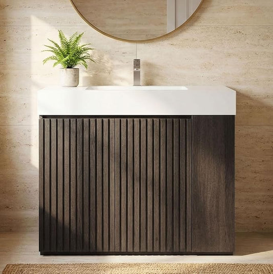 36" Bathroom Vanity with Sink Combo, Mid Century Modern Bathroom Cabinet with Doors & Open Shelf, Glossy White Integrated Sink with Overflow, Dark Grey Oak
