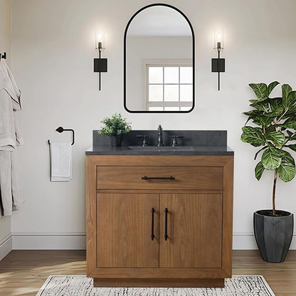 Vanity Art 36 inch Bathroom Vanity with Single Sink, Modern Wood Bath Vanity with Black Marble Top, Vanity Cabinet with Doors, Removable Shelf, Solid Wood Frame, Ceramic Sink, Tan VA7036B