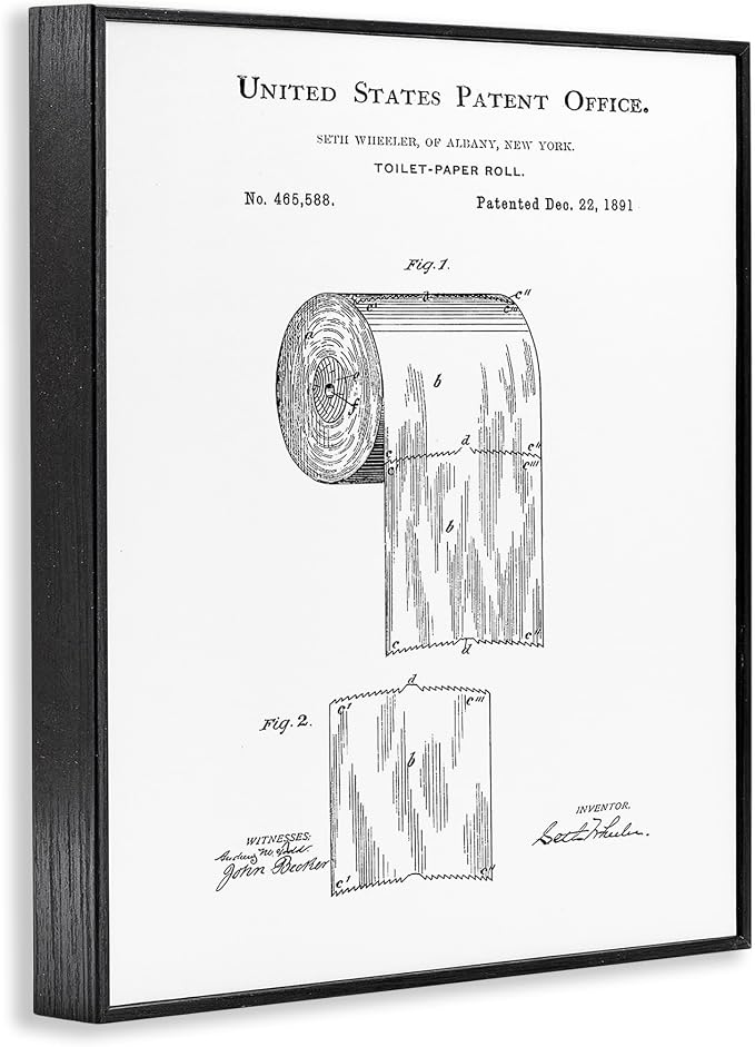Stupell Industries 'Toilet Paper Roll Vintage Patent Minimal Black White', Framed Giclee Art, Black, 16 x 20 Inches, Easy to Hang and Sturdy, Made in USA, by Studio W