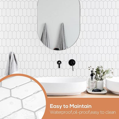 Vamos Tile Thicker Design Long Hexagon Peel and Stick Backsplash Tile | 10-Sheet Pure White with Gray Grout Self Adhesive Wall Tiles Stick On Backsplash for Kitchen Bathroom RV Fireplace