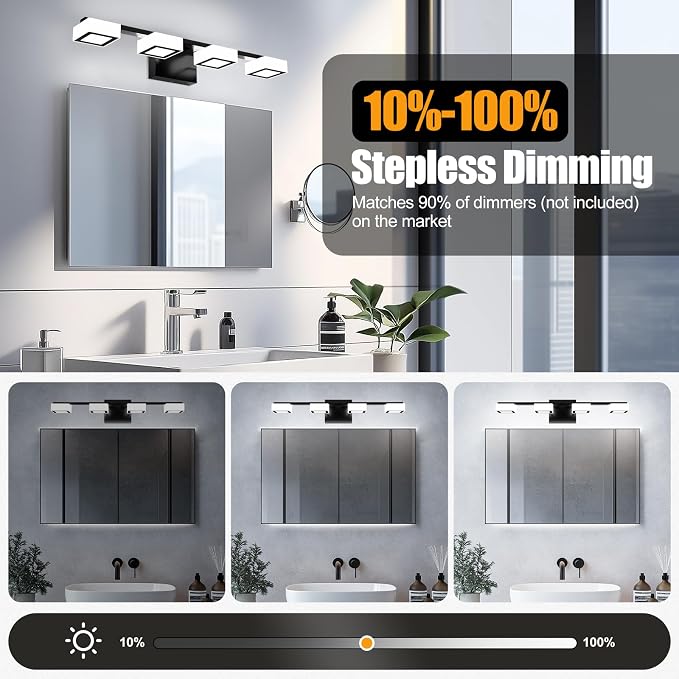LED Modern Bathroom Light Fixtures, 4-Light Dimmable Vanity Lights with 5 Color Modes, Matte Black Acrylic Bathroom Wall Lighting Fixtures Over Mirror, 2700K- 6500K Adjustable, 25.5 Inch, ETL Listed