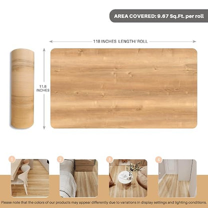 Wood Grain Peel and Stick Floor Tiles, 11.8" W × 118" L, Natural Oak | Soft wood‑look finish, Non‑slip texture, Helps protect floors, Works on many surfaces, Easy to replace, Waterproof