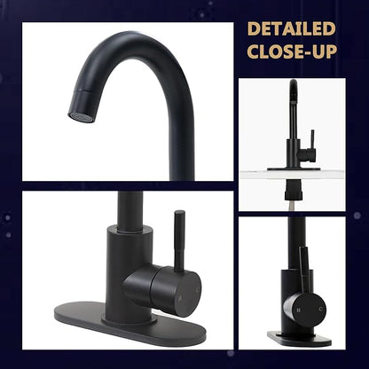 Comllen Matte Black Bar Faucets, Black Bathroom Faucet 1 Hole, 360° Swivel, Small Single Handle Bar Sink Faucet with Deck Plate for Bathroom Bar Kitchen RV Camper Outdoor Laundry Vanity Lavatory