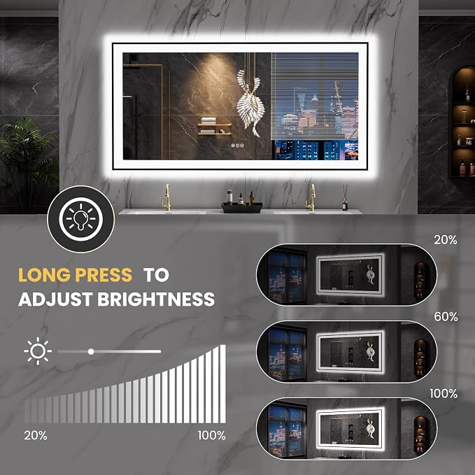 LOAAO 60"X30" LED Bathroom Mirror Black Framed | Anti-Fog, Dimmable, Memory Function, Tempered Glass, Lighted Vanity Mirror for Wall