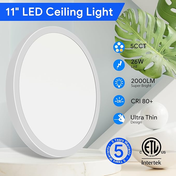Energetic 5CCT Flush Mount Ceiling Light Fixtures, 26W LED Ceiling Lights for Bedroom, Kitchen, Bathroom, Hallway, 2700/3000/3500/4000/5000K, Super Slim, 11 Inch, Brushed Brown Metal Ring, 3 Pack